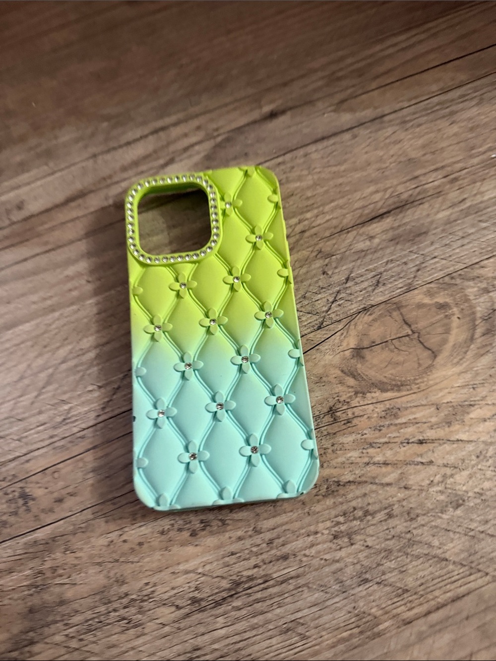 Gradient Lime-Green to Aqua Quilted iPhone Case with Rhinestone Camera Trim
